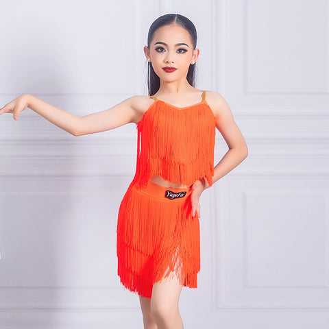 orange tassels Latin Dance dresses for girls kids samba salsa chacha  Dance fringe costumes modern dance Performance Class Uniform - Moderndancedress.com