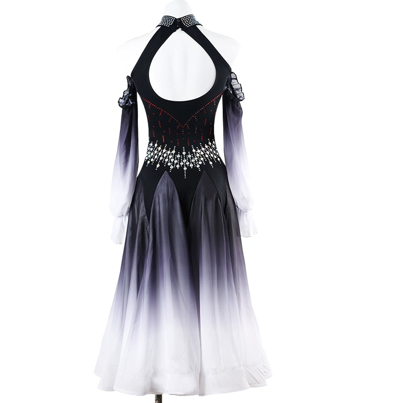 Royal Blue Black Gradient Competition Ballroom Dance Dress for Women Girls Rhinestones Halter Neck Dew Shoulder Waltz Tango Party Dance Long Gown for Female - Moderndancedress.com