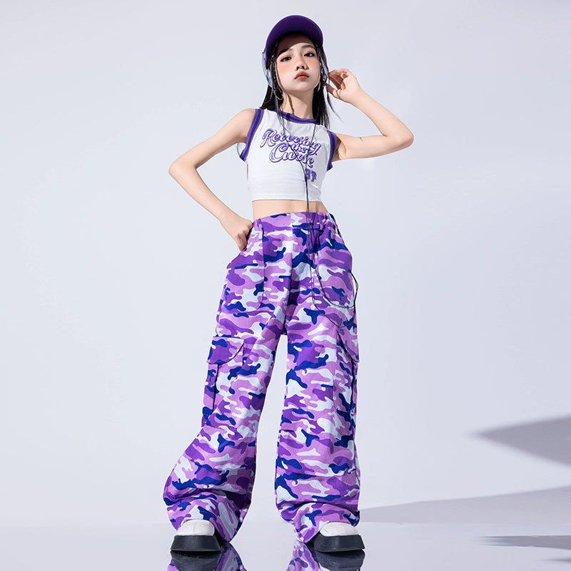 Girls Purple Camo One Shoulder Jazz Dance Costume Street Hip Hop Performance Outfits for Kids Children Gogo Dancers Stage Dance Outfits - Moderndancedress.com