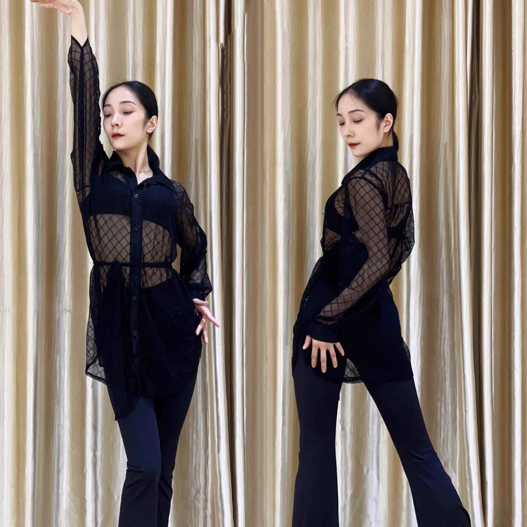Black mesh Latin ballroom dance for female woman salsa rumba dance Rhombic mesh top long-sleeved practice blouses uniform one size - Moderndancedress.com