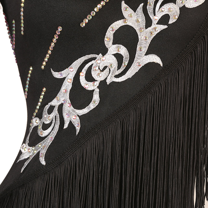 Red Silver Pattern Ballroom Dance Dress for Women Waltz Tango Black Fringed Rhythm Performance Long Gown - Moderndancedress.com