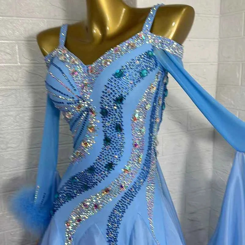 Custom Size Blue Competition Ballroom Dance Dresses for Women Tango Rhythm Social Dance Waltz Performance Gown