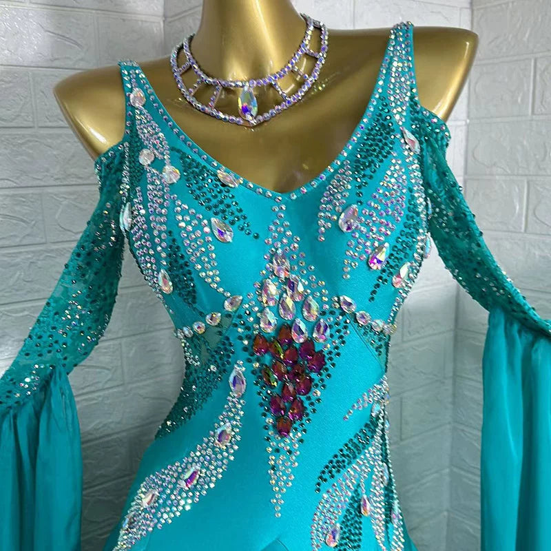 Custom Turquoise Ballroom Dance Dress Waltz Foxtrot Gown with Crystals