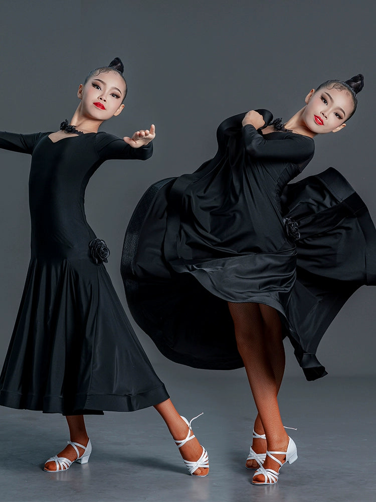 Black modern ballroom dance dresses for girls kids national standard professional competition uniform waltz tango performance wear - Moderndancedress.com
