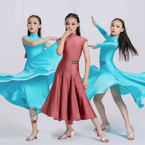 Blue Red Ballroom Dance Dresses for Girls Kids Long-sleeved  Latin Tango Waltz Juvenile Performance Long Gown Art Test Performance Skirts - Moderndancedress.com