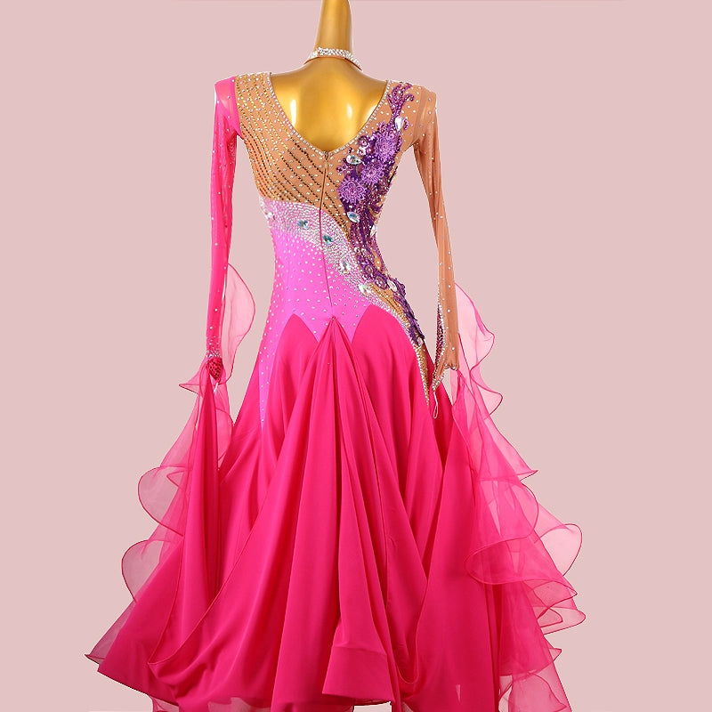 Custom Size Fuchsia Ballroom Dance Dresses for Women Girls Diamond Waltz Foxtrot Smooth Dance Long Gown