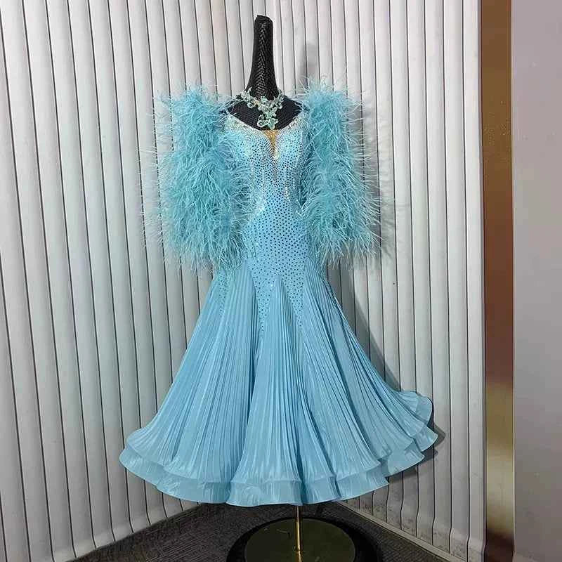 Custom Blue Competition Ballroom Dance Dress for Women Waltz Tango Smooth Foxtrot Social Dance Gown with Feather