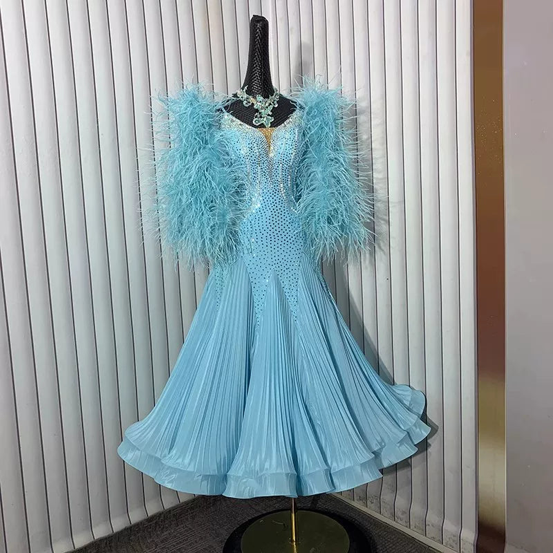 Custom Light Blue Ballroom Dance Dress with Feather Float & Rhinestones Waltz Tango Costume