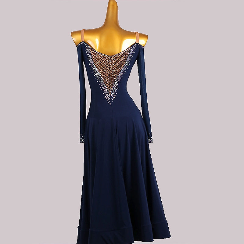 Custom Size Handmade Competition Navy Ballroom Dance Dresses for Women Girls Hollow Shoulder Waltz Tango Foxtrot Smooth Dance Long Gown for Female - Moderndancedress.com