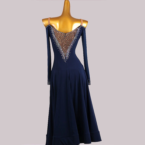 Custom Size Handmade Competition Navy Ballroom Dance Dresses for Women Girls Hollow Shoulder Waltz Tango Foxtrot Smooth Dance Long Gown for Female - Moderndancedress.com