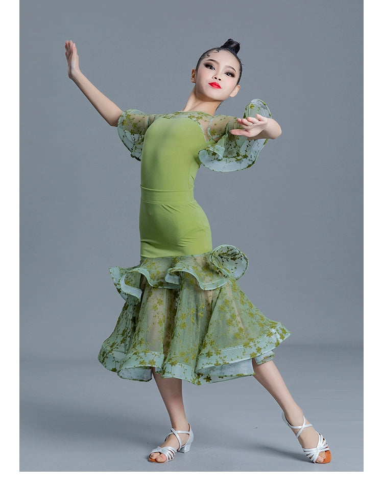 Children' Girls White Pink Green Lace Ballroom Dance Dresses for Kids Waltz Ballroom Tango Dance Competition Performance Clothes - Moderndancedress.com