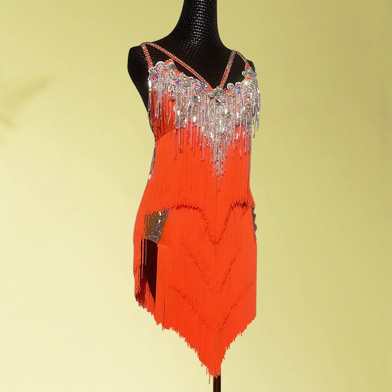 Customized size fuchsia orange fringe competition Latin dance dresses for women girls kids salsa chacha solo bling dance costumes art test wear - Moderndancedress.com