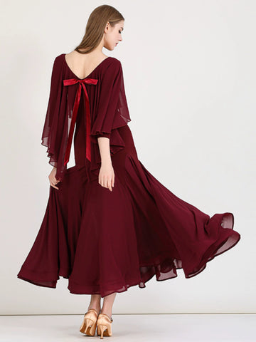 Burgundy Modern Flowy Ruffles Sleeves Ballroom Dance Dress for Women Girls National Foxtrot Smooth Tango Waltz Dance Long Gown - Moderndancedress.com