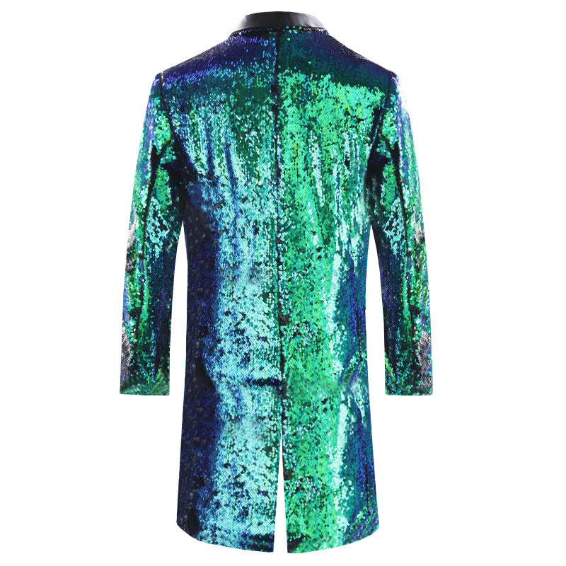 Men's Jazz Dance Costumes Turquoise Green Gold Two-color Sequined Host Singer Emcee Performance Long Coat for Male - Moderndancedress.com