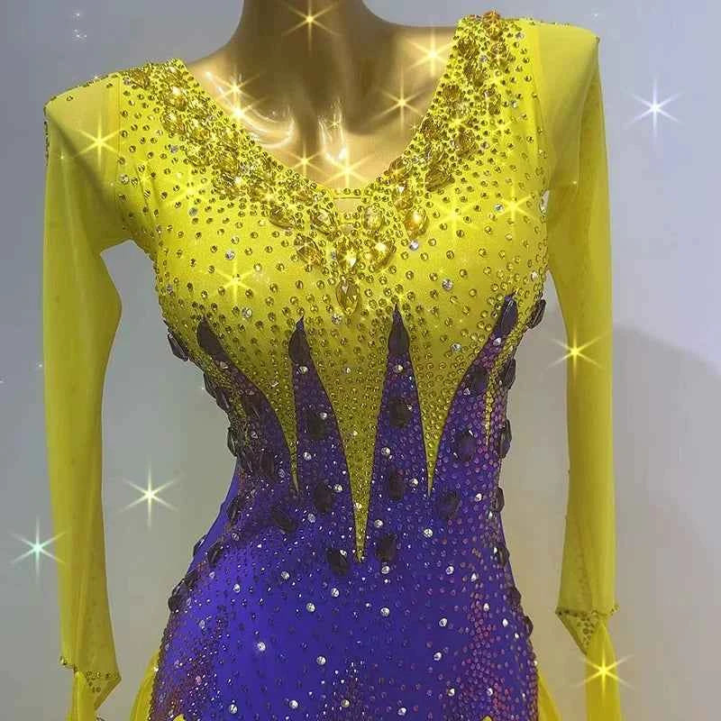 Customized Gold with Violet Ballroom Dance Dress for Women Crystal Bling Waltz Tango Foxtrot Dance Gown