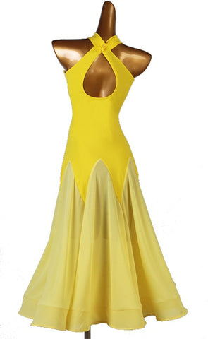 Yellow black ballroom dancing dresses for women girls halter neck sleeveless ballroom dance costumes waltz tango dance long dress - Moderndancedress.com