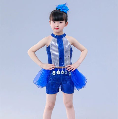 Girls Jazz Dance Costumes jazz dance sequins, cheerleading costumes, children  and pupils costumes blue