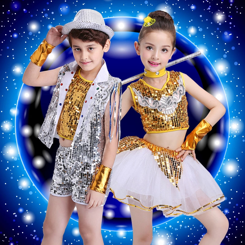 Girls Jazz Dance Costumes Jazz hiphop dance silver blue sequins outfits Boys modern hip-hop costumes Girl kindergarten costumes - Moderndancedress.com