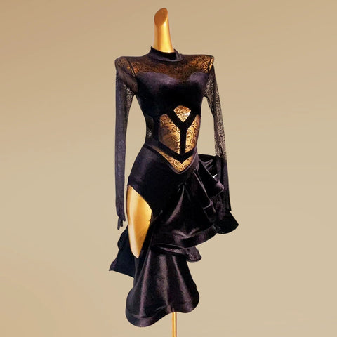 Custom size black lace Latin Dance Competition dresses for women girls kids salsa rumba samba chacha solo Professional Art Exam Long Sleeve dance wear - Moderndancedress.com