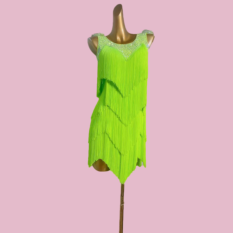 Custom Size Neon Green Fringe Latin Dance Dresses for Women Girls Competition Salsa Rumba Chacha Art Test Dance Skirt Performance Costumes - Moderndancedress.com
