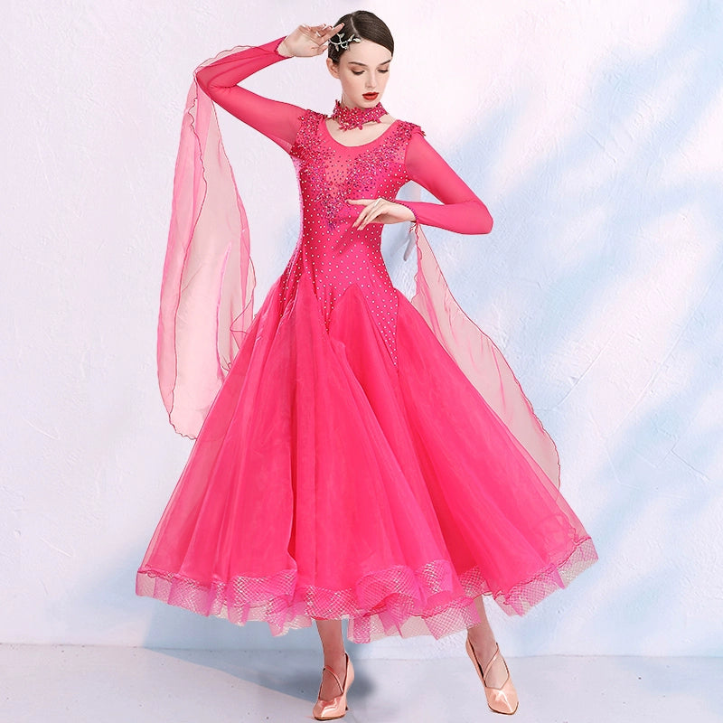 Red Pink Ballroom Dance Dresses for Women Girls Waltz Tango Foxtrot Smooth Modern Dance Swing Skirts - Moderndancedress.com