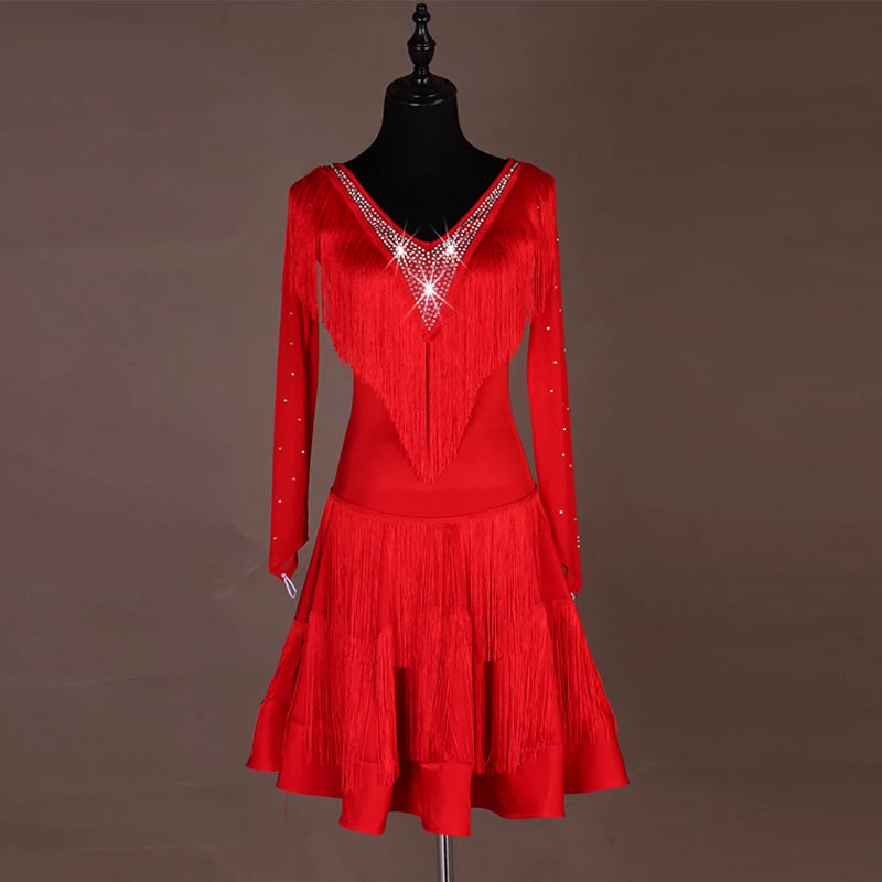 Sexy V-collar! Adult professional Latin fringe dress triple step on jitterba group Costume - Moderndancedress.com