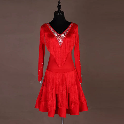 Sexy V-collar! Adult professional Latin fringe dress triple step on jitterba group Costume