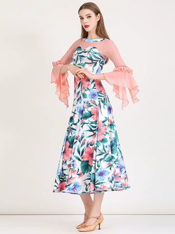 Printing flowers ballroom dance dresses for women girls waltz tango modern dance long gown stage performance practice clothes - Moderndancedress.com