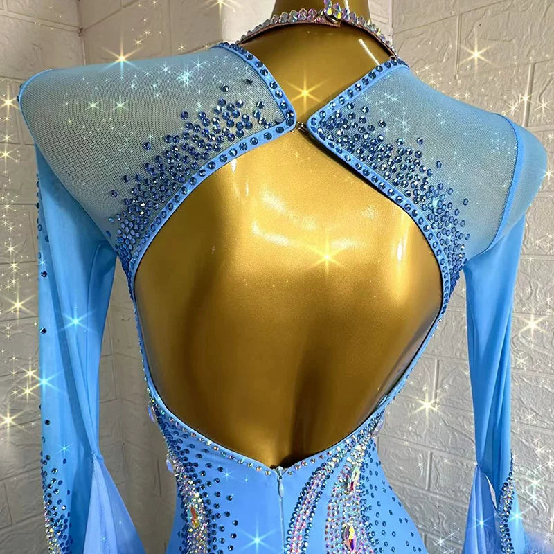 Custom Size Blue Ballroom Dance Dress Crystal Waltz Tango Dance Gown with Float