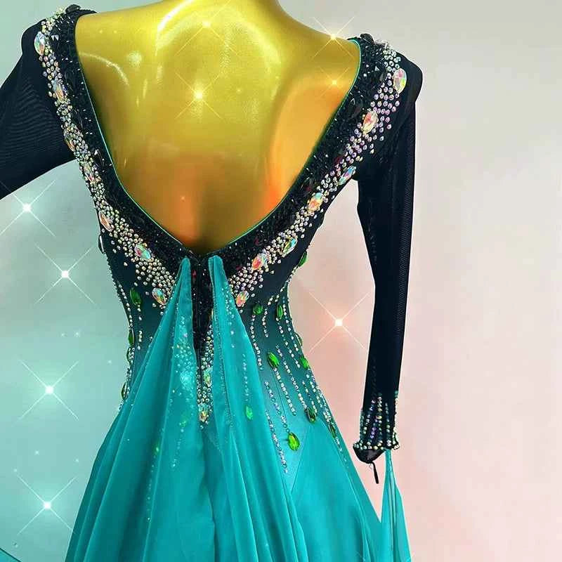 Custom Size Women's Ballroom Dance Dress Blue Green Gradient Smooth Waltz Long Gown