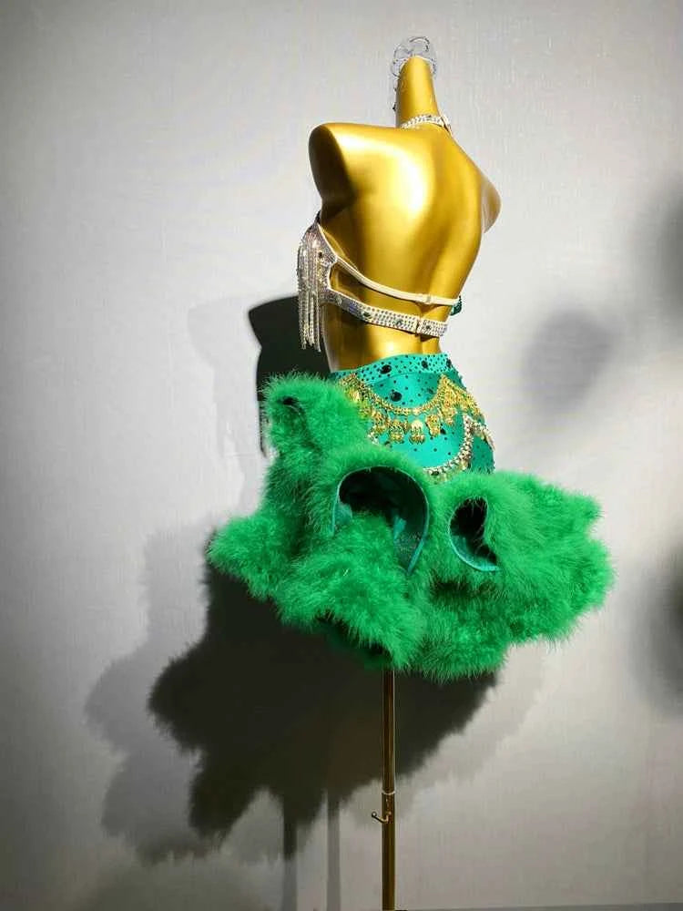Custom Size Competition Latin Dance Dresses for Women Girls Green Blue Feather Samba Blackpool Dance Wear