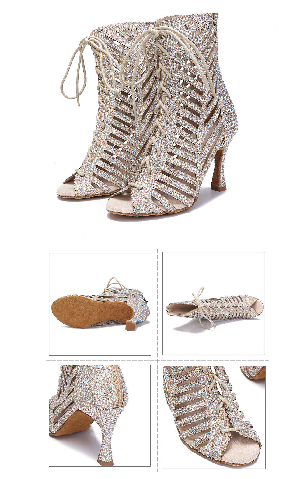 Latin Dance Shoes for Women Soft Soles Pole Jazz Salsa Samba Diamond Jazz Dance Boots Lace-up Hollow Shoes