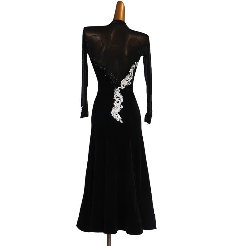 Black velvet with mesh ballroom dancing dress for women girls white embroidered diamond waltz tango dance costumes ballroom dance skirts for female
