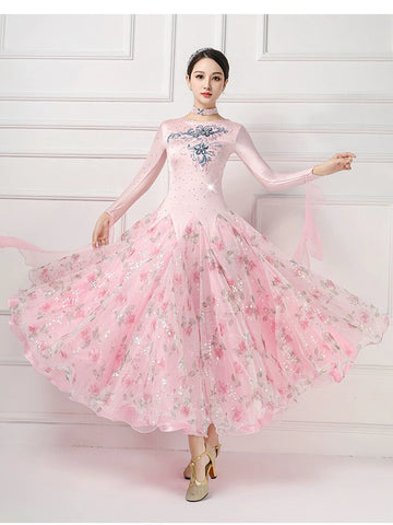 Light pink competition national ballroom dance dresses for women girls juvenile waltz tango social dance dress diamonds dance costumes - Moderndancedress.com