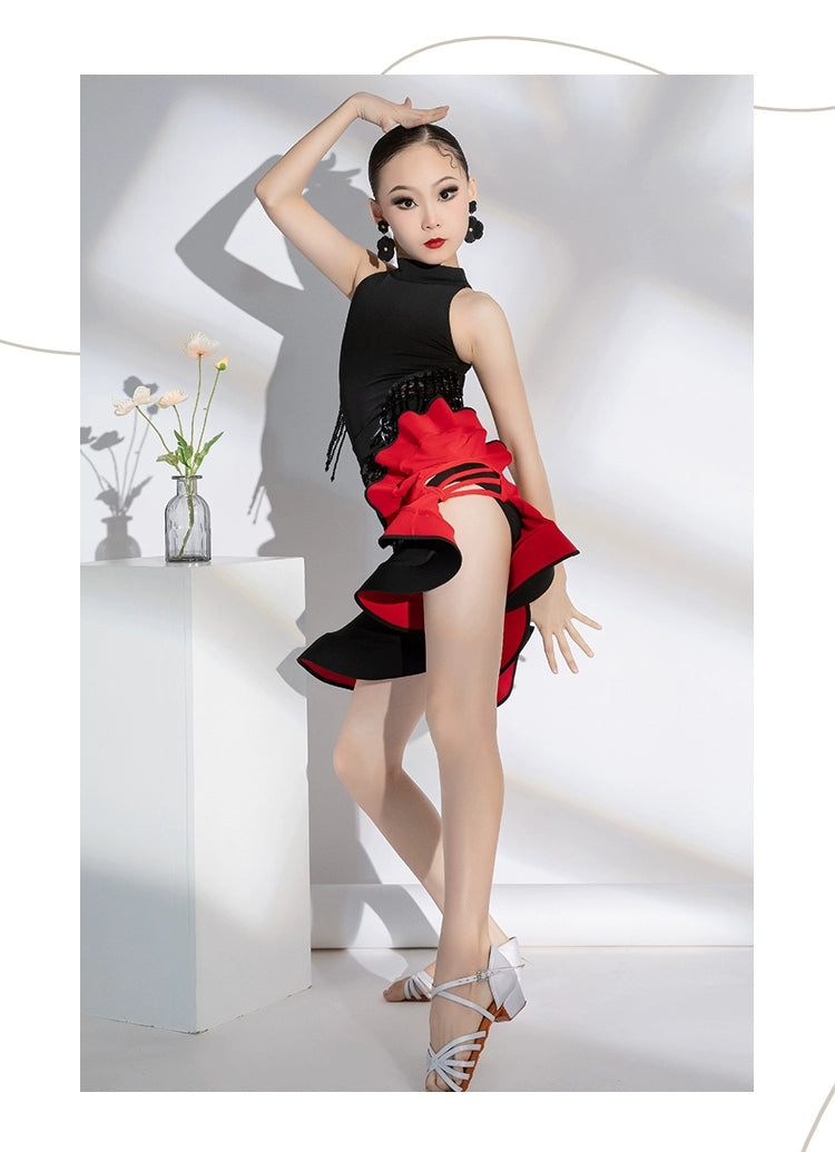 Black Red Lace Sleeveless Tassel Latin Dance Dresses for Kids Children Salsa Chacha Rumba Latin Dance Costumes for Girls - Moderndancedress.com