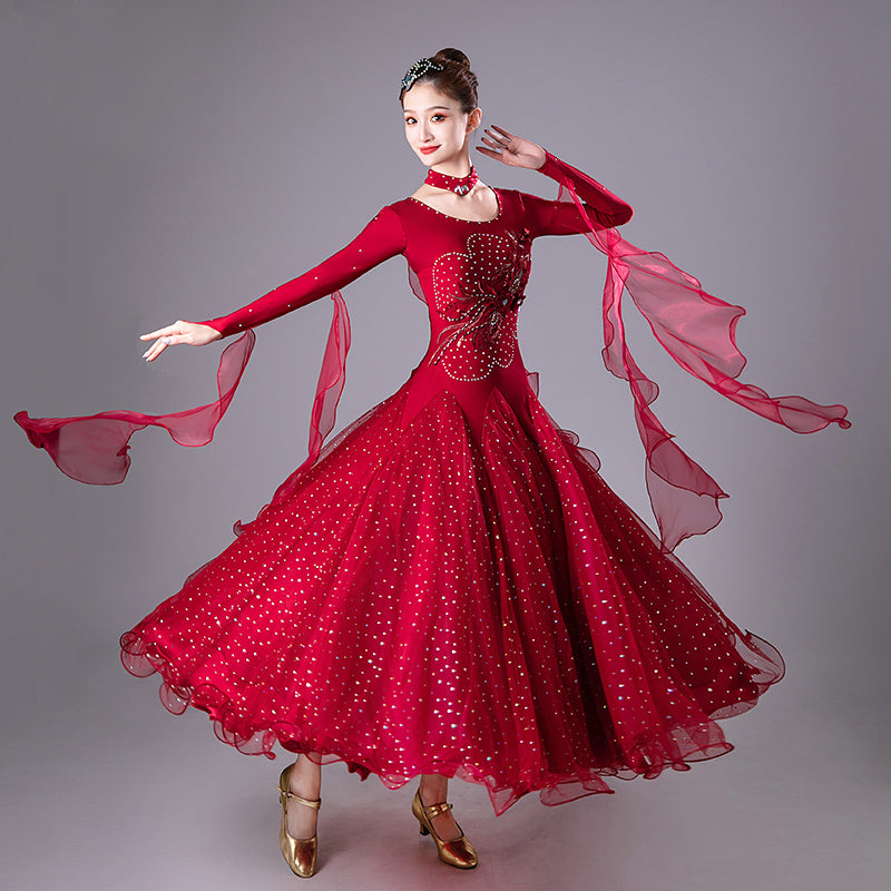 Wine Competition Ballroom Dance Dresses for Women Girls  Embroidered Diamond Waltz Tango Performance Gown - Moderndancedress.com