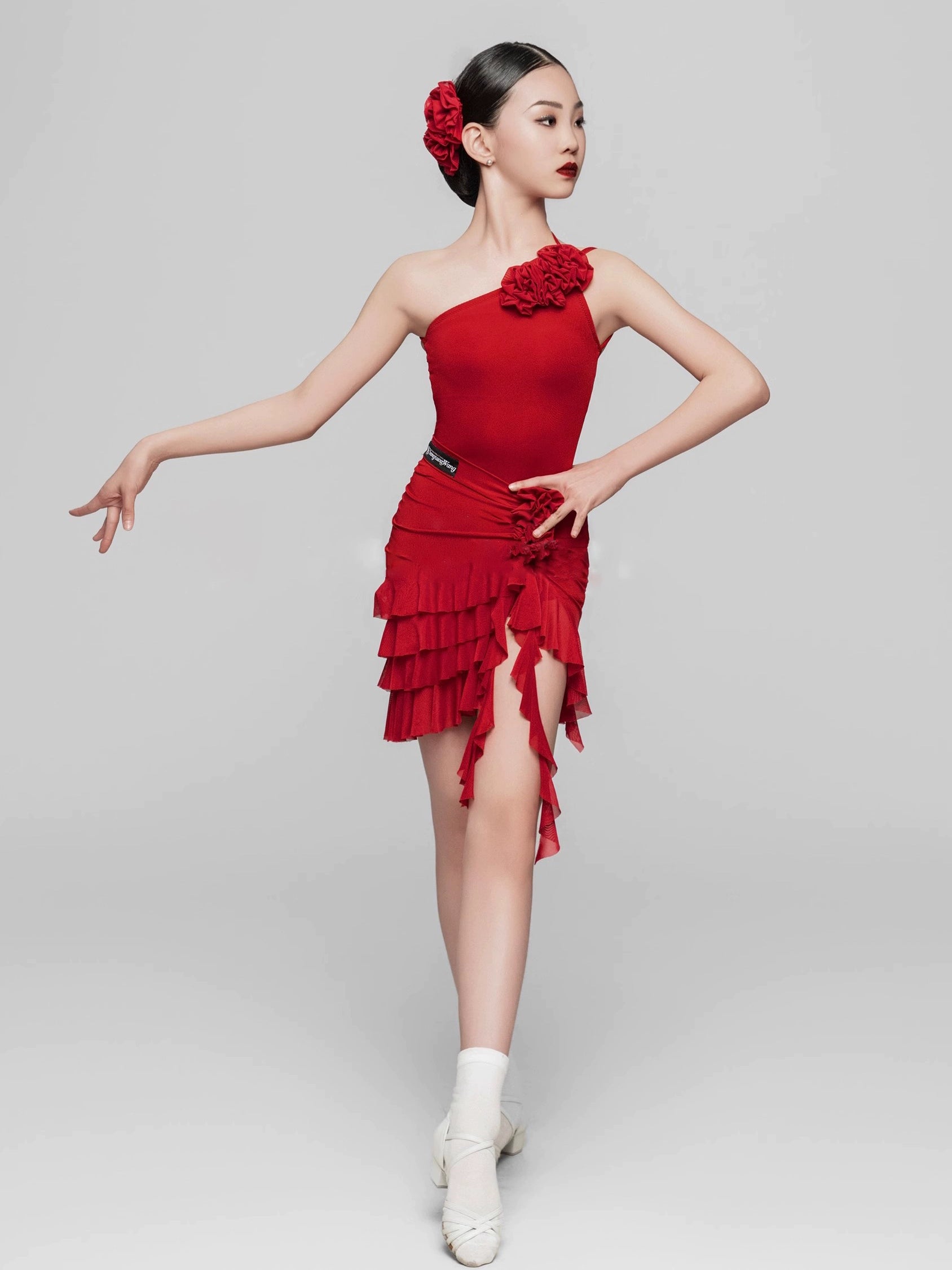 Girls Red black fringe Latin dance costumes slanted shoulders ballroom latin dance skirts  flower practice solo dance suit for kids - Moderndancedress.com