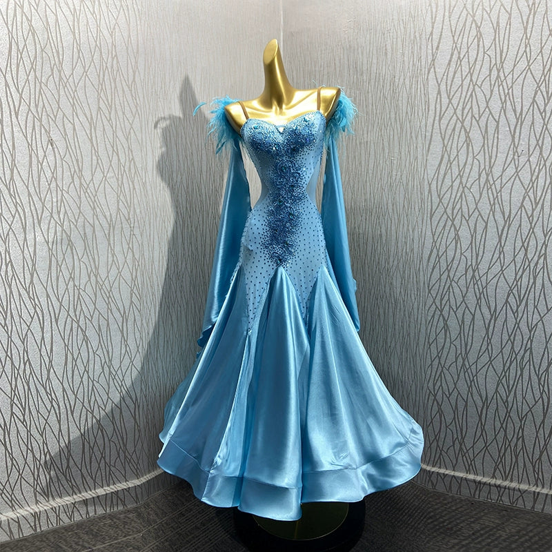 Custom Size Turquoise Ballroom Dance Dresses for Women Competition Tango Smooth Waltz Performance Long Gown