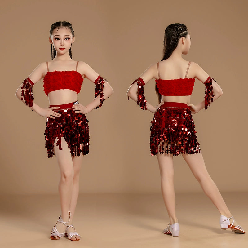 Girls Latin Dance Dresses Green Red Sequins Salsa Rumba Chacha Rose Jazz Dress for Kids Art Examination Outfits - Moderndancedress.com
