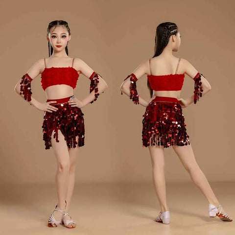 Girls Latin Dance Dresses Green Red Sequins Salsa Rumba Chacha Rose Jazz Dress for Kids Art Examination Outfits