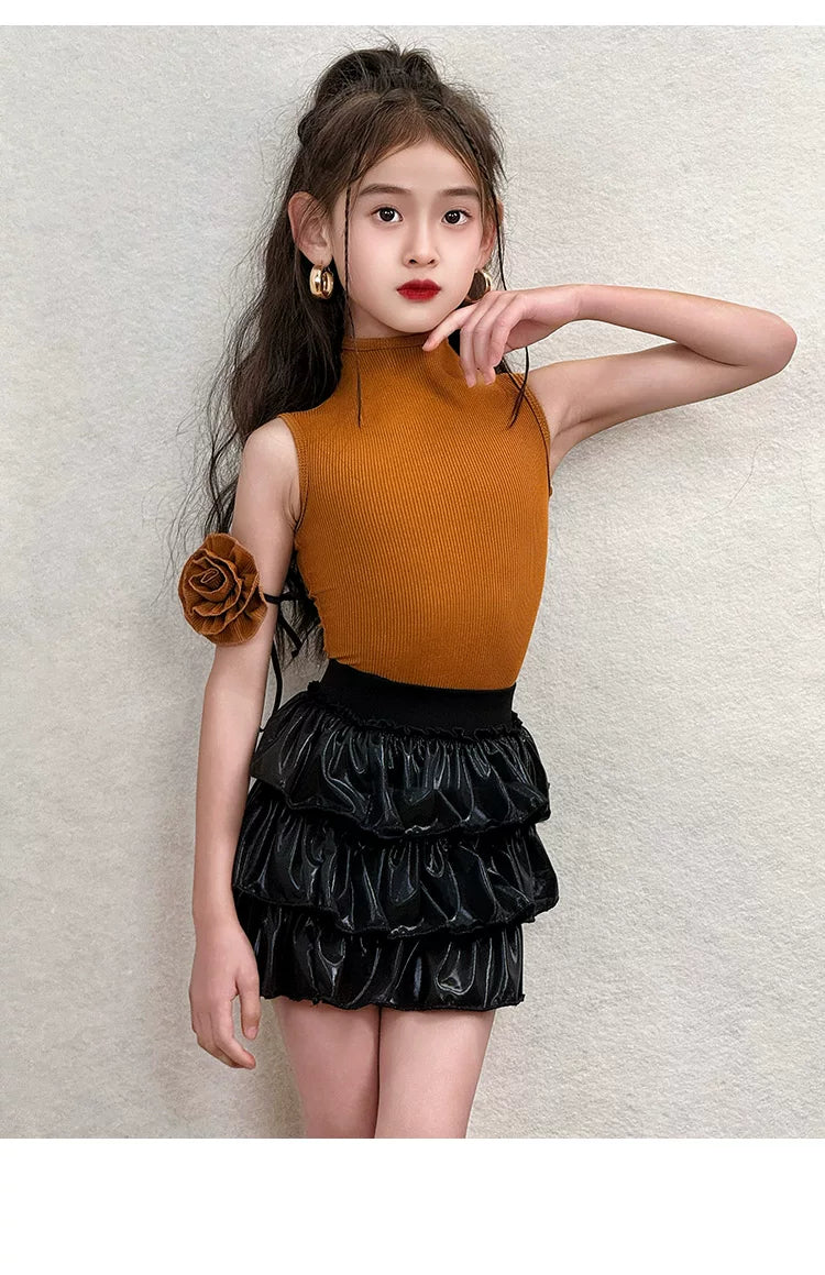Girls Latin Dance Dress | Kids Mustard Yellow Mock Neck Salsa Chacha Set