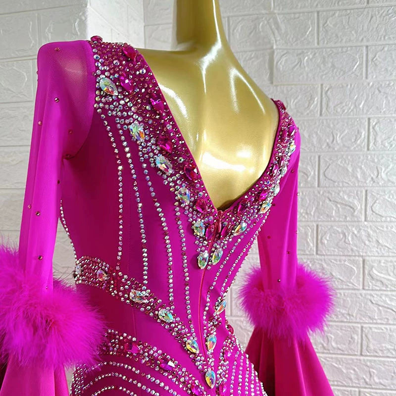 Custom Size Fuchsia Pearl Satin Competition Ballroom Dance Dresses for Women Girls Tango Rhythm Waltz Dance Long Skirts - Moderndancedress.com