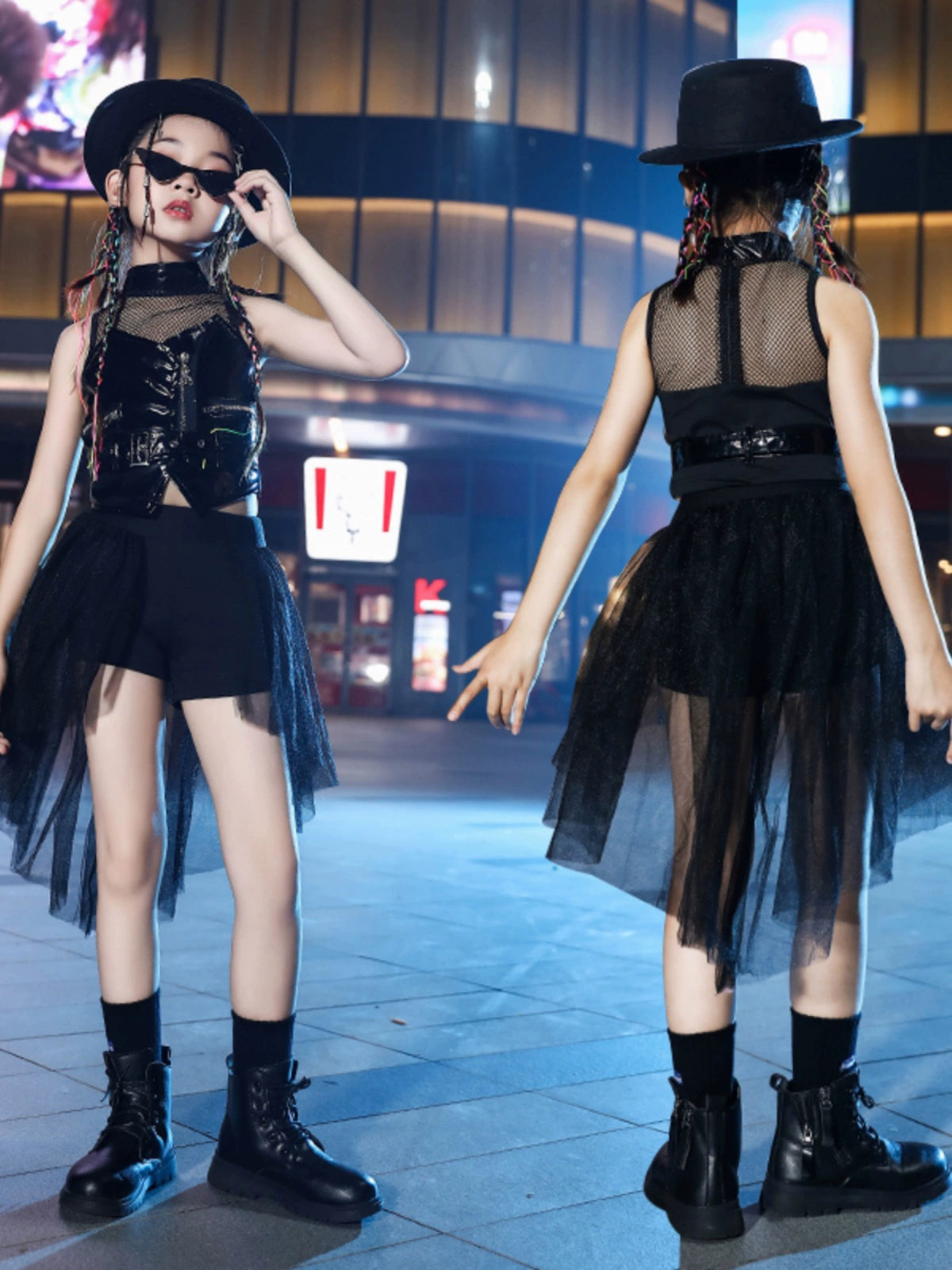 Children's Trendy Jazz Dance Tuxedo Costumes Girls Black Leather Modern Dance Gogo Dancers Model Show Catwalk Performance Clothes - Moderndancedress.com