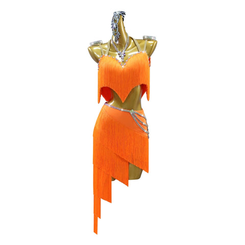 Orange Fringe Competition Latin Dance Dresses for Women Girls Salsa Rumba Chacha Professional Dancing Irregular Skirts Dance Wear