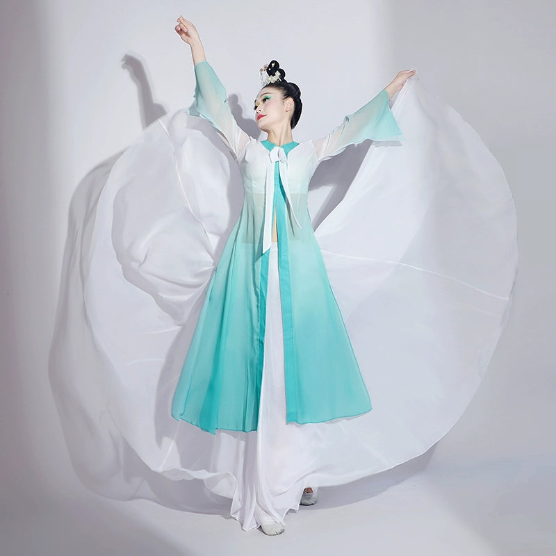 Pink green gradient chinese folk dance costumes women ancient traditional classical dance performance dresses female fairy hanfu - Moderndancedress.com