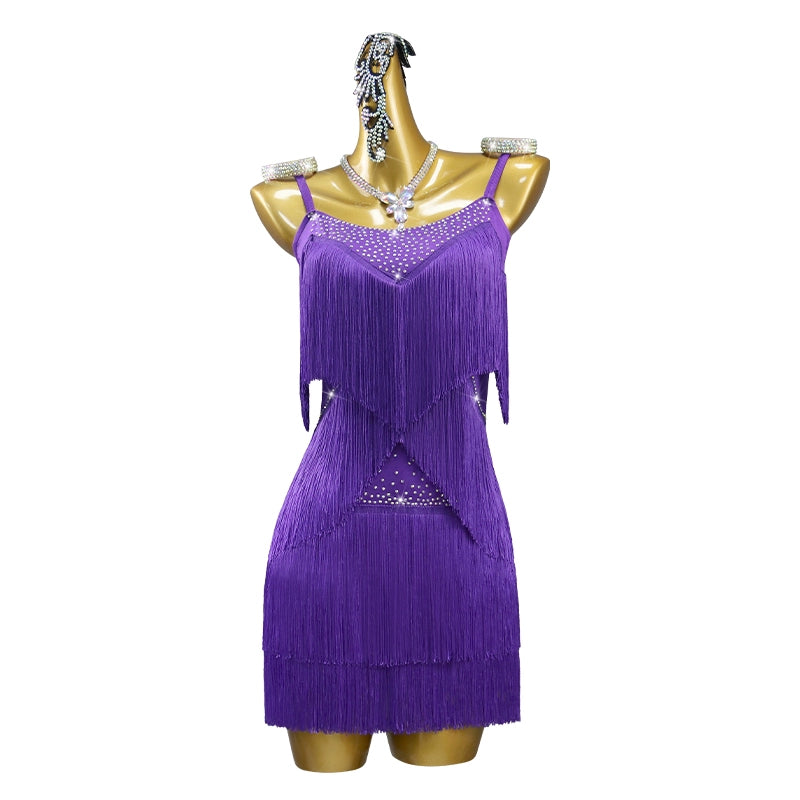Purple tassels Latin dance competition dresses for Women Girls solo dance suit art examination skirts for girls - Moderndancedress.com