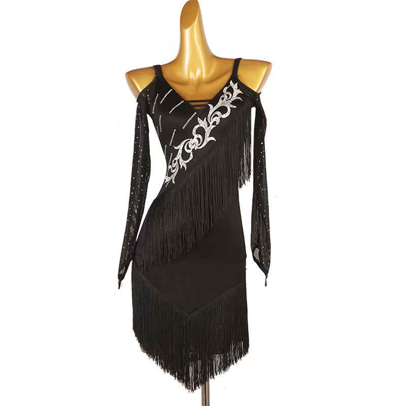 Red Black Fringe Latin Dance Dresses for Women Girls Dew Shoulder Diamond Salsa Rumba Chacha Dance Costumes