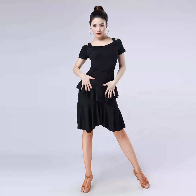 Latin dancer's adult half-length skirt, kungfu, dance costume, double-decked lotus-leaf fringed dress - Moderndancedress.com