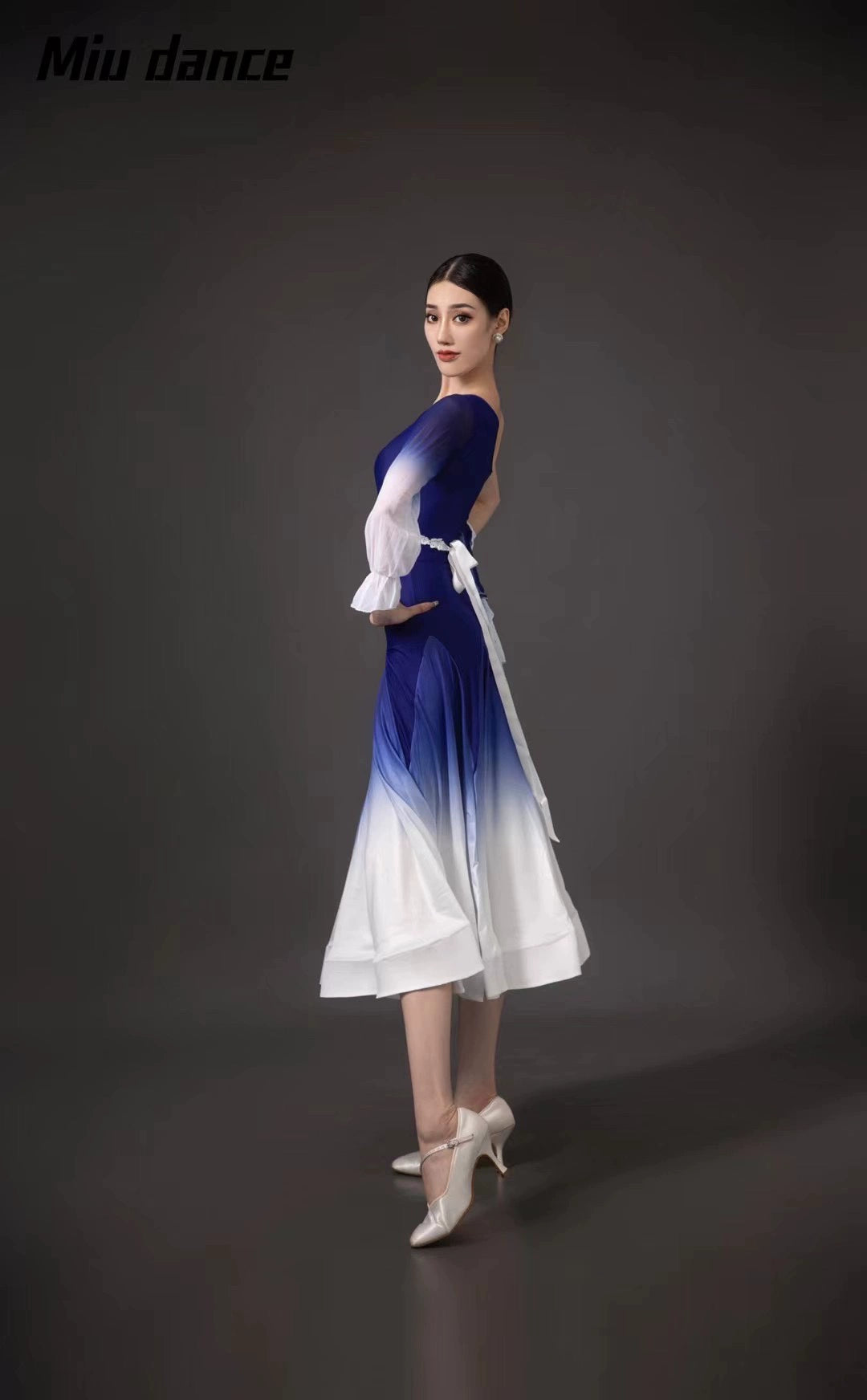 Blue Gradient modern Ballroom dance dresses for women girls one shoulder slant neck tango waltz foxtrot smooth dance fishbone skirt with belt - Moderndancedress.com