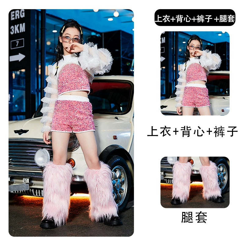 Girls Pink Blue Sequin Jazz Dance Costume Rapper Singers Gogo Dancers Street Hiphop Dance Outfits Catwalk Trendy Model Show Clothes for Kids - Moderndancedress.com